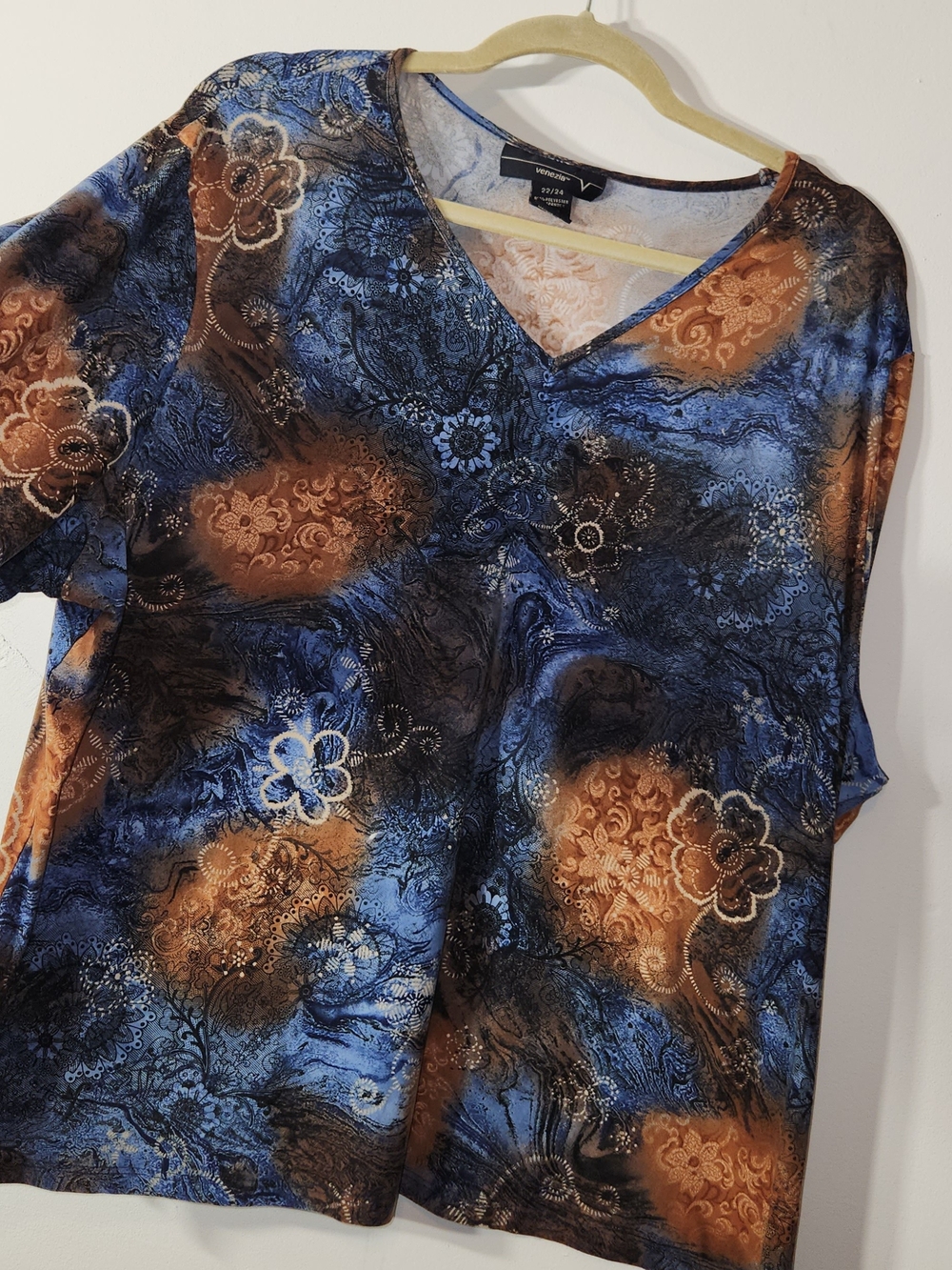 Venezia Lane Bryant Blue & Brown Floral V-Neck 3/4 Sleeve Top 22/24